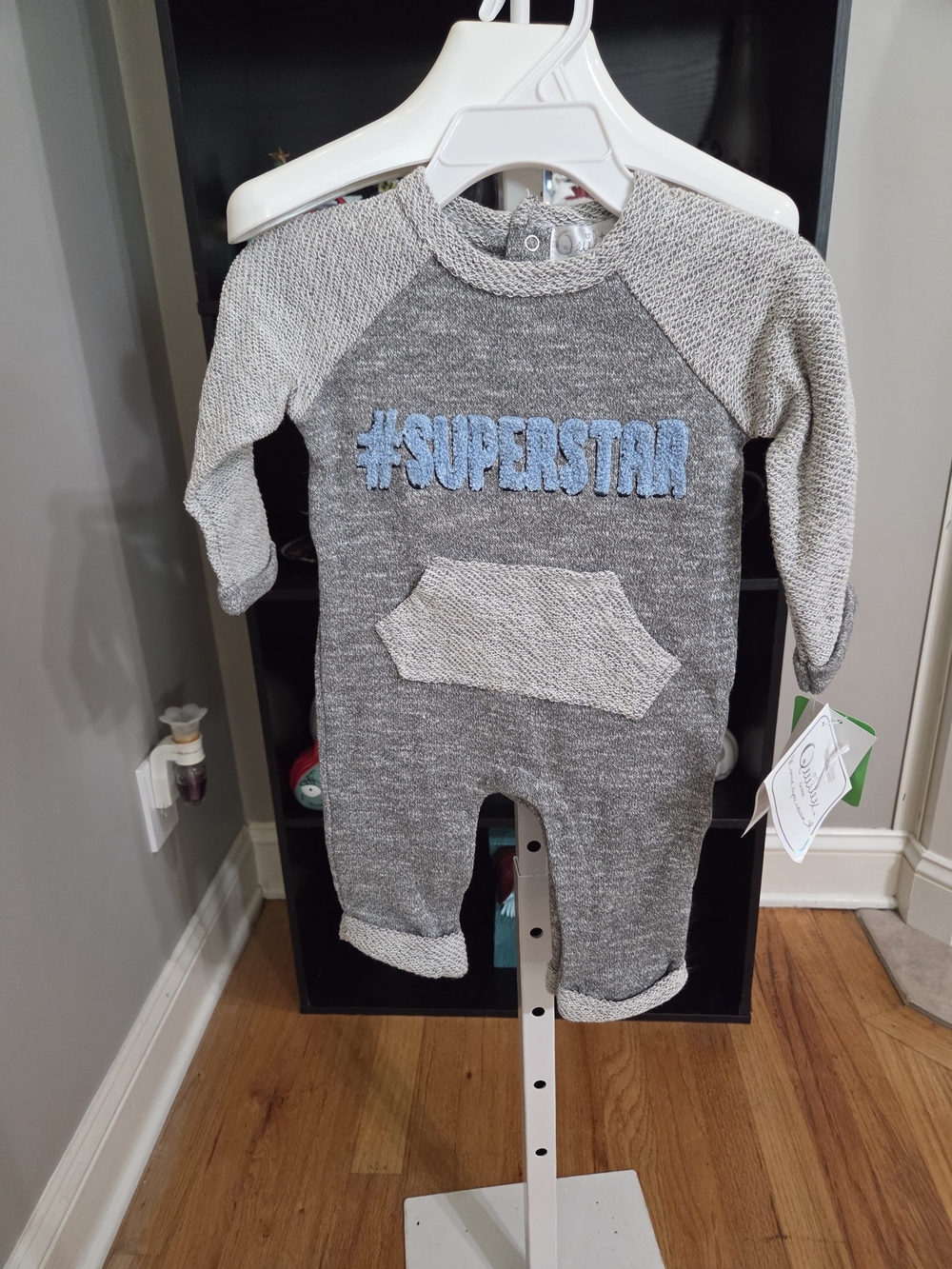 Quiltex Gray Knit Baby Romper with Blue #SUPERSTAR Applique